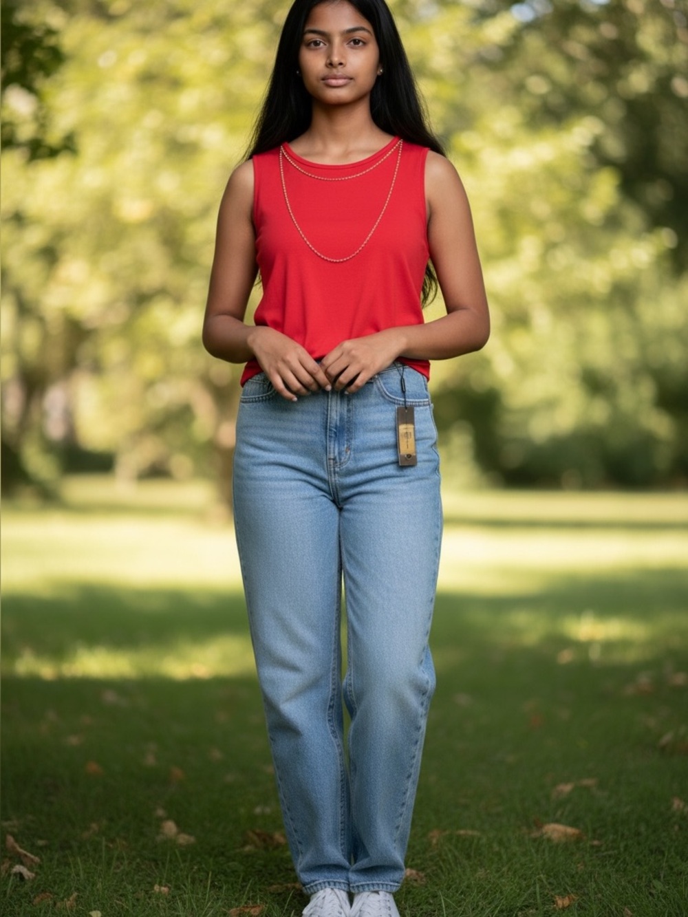 Karl Lagerfeld Red Sleeveless Tank with Gold Chain Trim